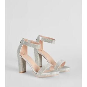 Windsor | Silver Shimmer In Rhinstone Block Strap Heels Preppy Homecoming Formal